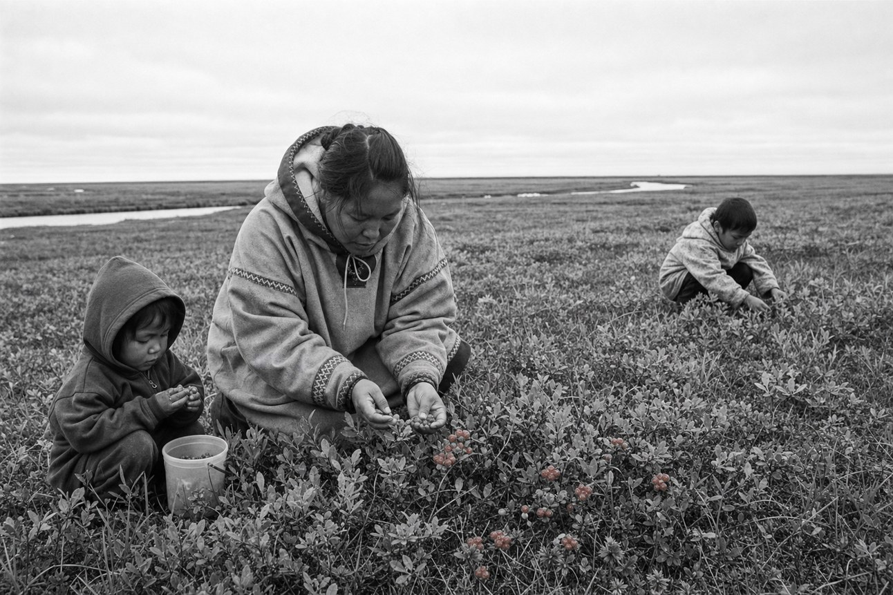 A Yup'ik mother and her children picking salmonberries on the tundra of the Yukon-Kuskokwim Delta near Emmonak